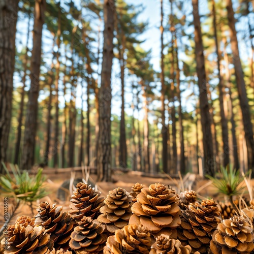 Discover a breathtaking pine forest, where cones adorn the forest floor and a lush canopy filters sunlight onto the towering trunks, creating an enchanting