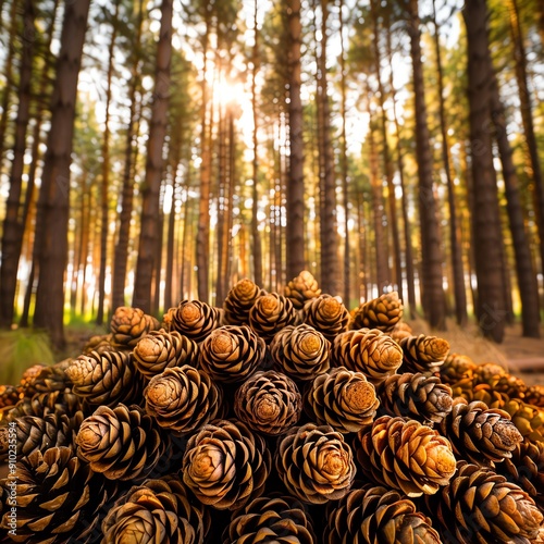 Discover a breathtaking pine forest, where cones adorn the forest floor and a lush canopy filters sunlight onto the towering trunks, creating an enchanting