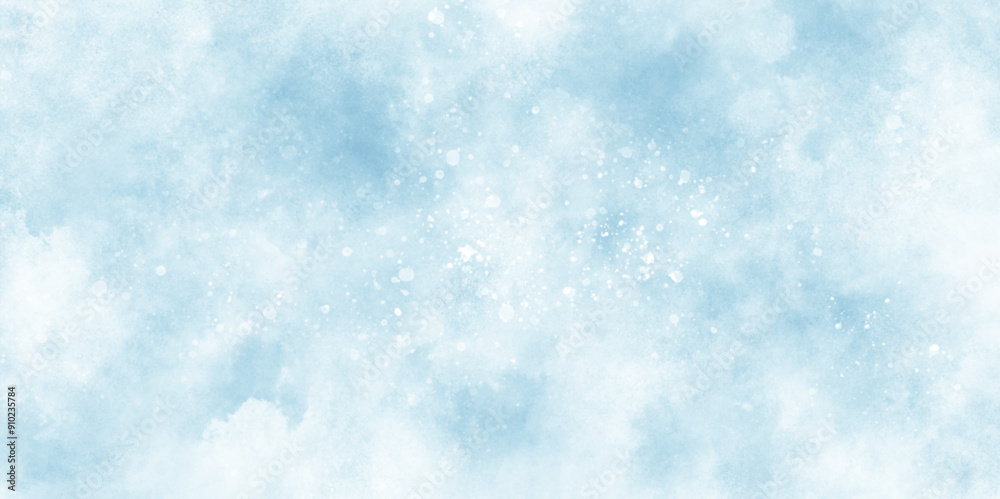 beautiful blue watercolor background with glitter particles, light blue bokeh background for design, Abstract blue background with snowflakes floating randomly, blue grunge texture with bokeh.
