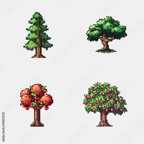 8-bit game assets tree, nature, isolated, plant, leaf, branch, forest, grass, white, environment, foliage, summer, illustration, growth, wood, vector, leaves, spring, season, trees, garden, ecology, t