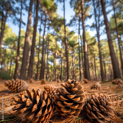 Discover a breathtaking pine forest, where cones adorn the forest floor and a lush canopy filters sunlight onto the towering trunks, creating an enchanting