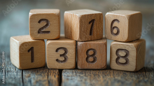 Math symbols like plus, minus, multiply, and divide are shown on wooden blocks. They show basic math and calculations for business.