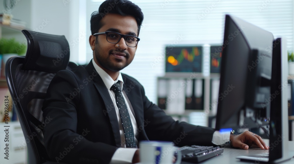 Portrait of a South Asian Financial Securities Trader Working on Desktop Computer in a Modern Office. Handsome Indian Accountant Bookkeeping Financial Affairs of a Business Venture Portrait of a South Asian Financial Securities Trader Working on Desktop Computer in a Modern Office. Handsome Indian Accountant Bookkeeping Financial Affairs of a Business Venture