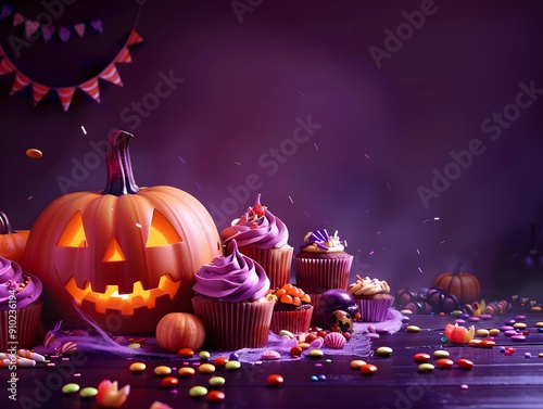 Trick or treat party and Pumpkin Jack-O-Lantern surrounded by halloween decor