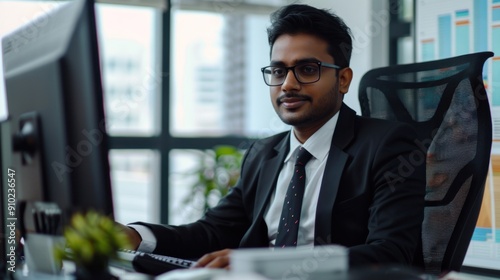 Portrait of a South Asian Financial Securities Trader Working on Desktop Computer in a Modern Office. Handsome Indian Accountant Bookkeeping Financial Affairs of a Business Venture