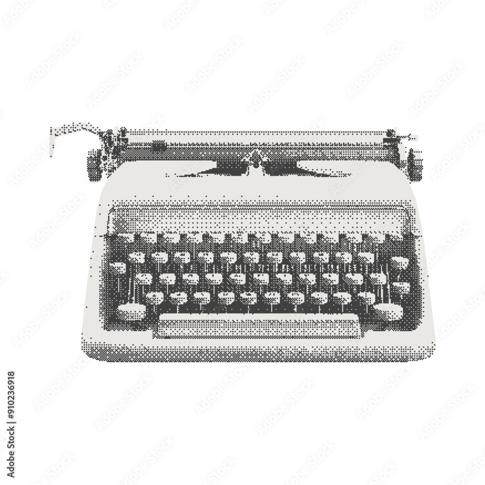 Retro typewriter. Halftone collage cutout element in a surreal bitmap style for scrapbook, poster, t-shirt. Vector illustration isolated on transparent background with dotted photocopy texture.