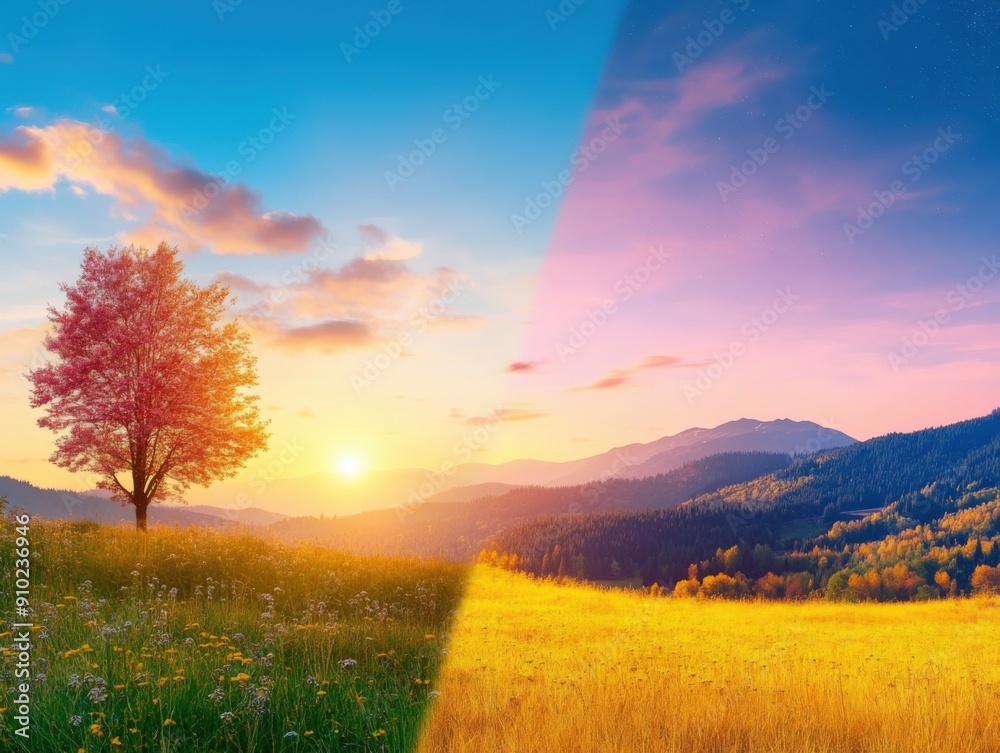 Twilight over serene hills with vibrant autumn tree and golden fields Twilight over serene hills with vibrant autumn tree and golden fields