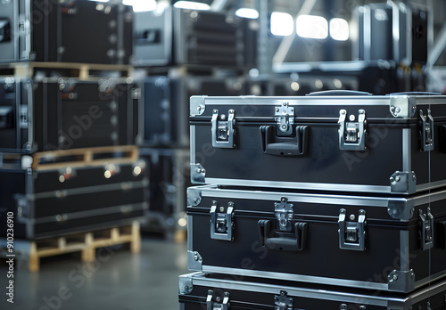 A collection of sturdy black travel cases neatly stacked in a warehouse, ideal for transporting equipment securely.