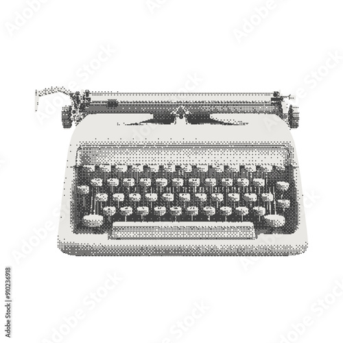Retro typewriter. Halftone collage cutout element in a surreal bitmap style for scrapbook, poster, t-shirt. Vector illustration isolated on transparent background with dotted photocopy texture.