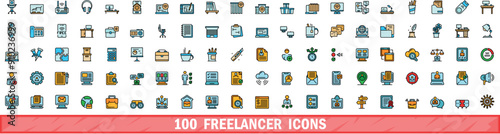 100 freelancer icons set. Color line set of freelancer vector icons thin line color flat on white