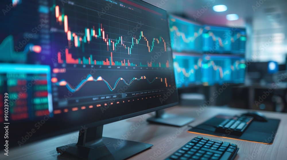 A modern trading workspace displaying stock market data, featuring multiple screens with vibrant charts and information. A modern trading workspace displaying stock market data, featuring multiple screens with vibrant charts and information.