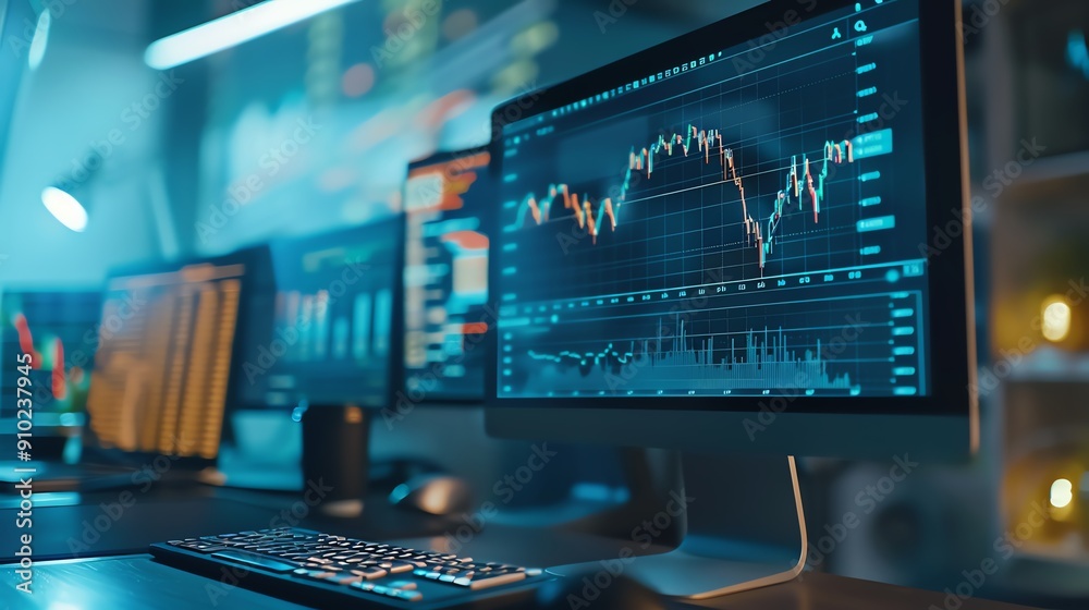 A modern workspace featuring multiple screens displaying financial graphs and data analysis trends for stock market insights. A modern workspace featuring multiple screens displaying financial graphs and data analysis trends for stock market insights.