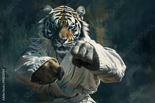 A fierce tiger in a martial arts pose, showcasing strength and agility in a dynamic, artistic representation.