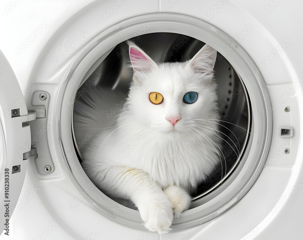 A fluffy white cat with striking heterochromia peeks from a washing machine, showcasing unique eyes and playful personality.