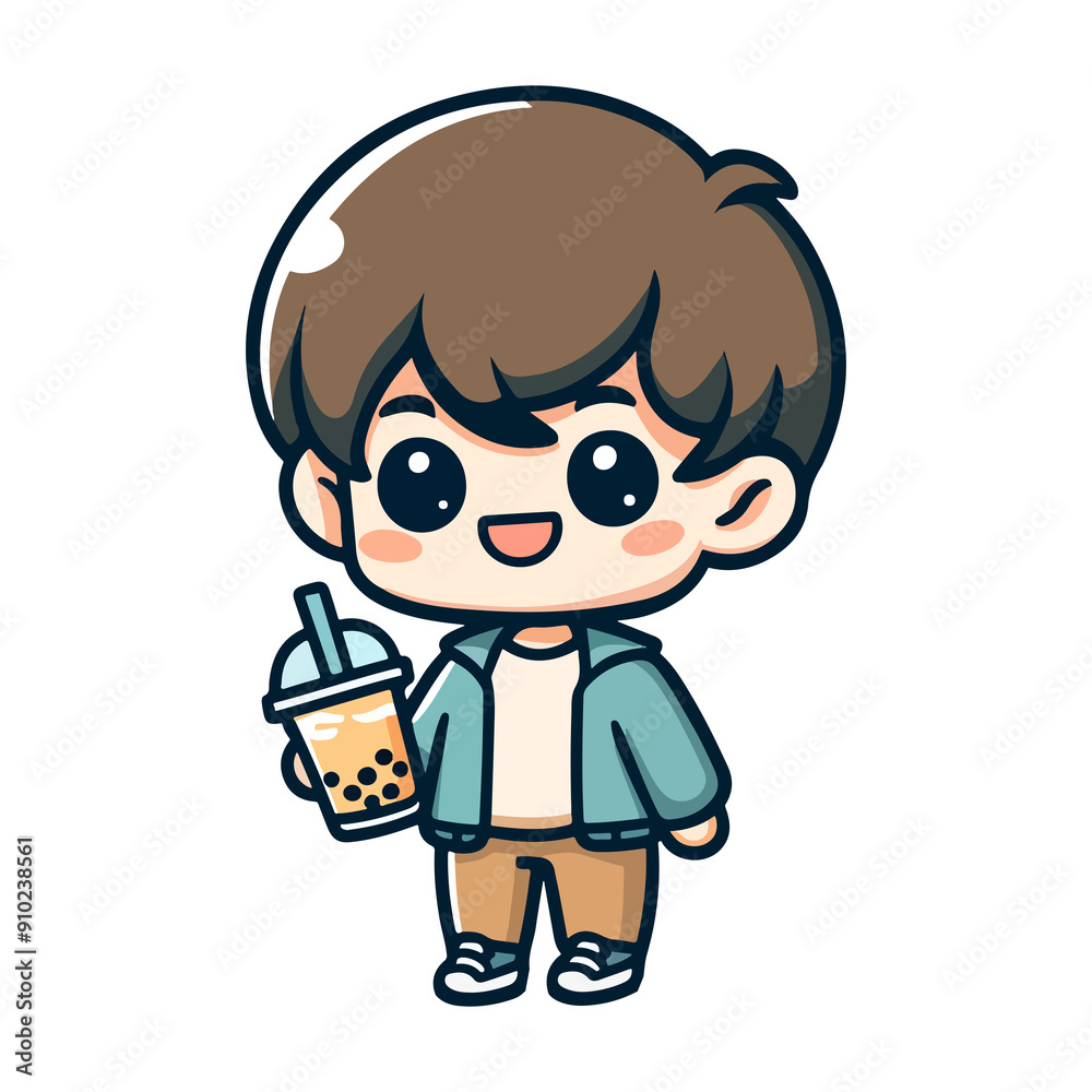 cute boy drinking boba icon character cute boy drinking boba icon character