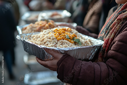 Photograph of a Volunteer Distributing Food to Refugees: Focusing on humanitarian aid. photo