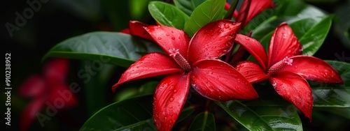Wallpaper Mural  Close-up of a red flower with water droplets on its petals against a green, leafy background Torontodigital.ca