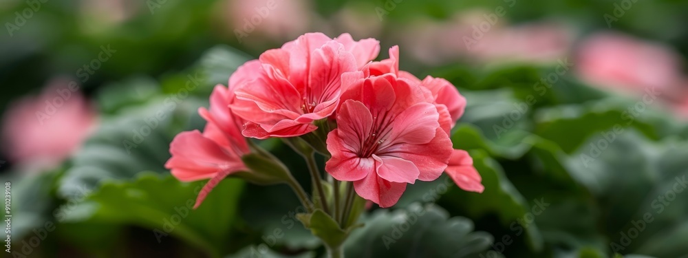 A tight shot of a pink blossom against a backdrop of softly focused pink blooms, with verdant leaves in the foreground A tight shot of a pink blossom against a backdrop of softly focused pink blooms, with verdant leaves in the foreground