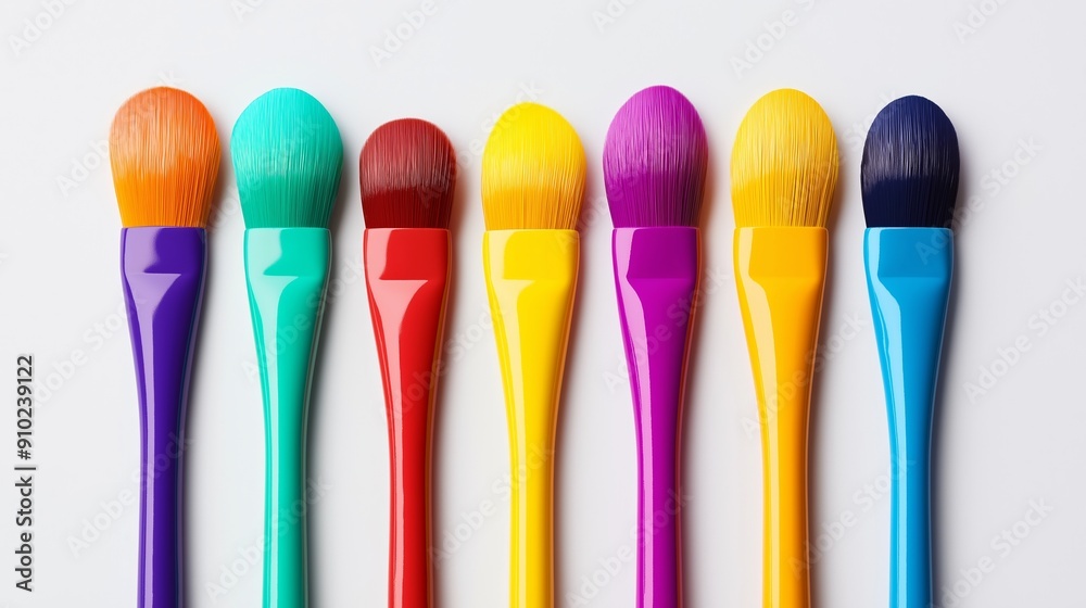 A row of paintbrushes with different colors. The brush on the far left is purple and the brush on the far right is yellow A row of paintbrushes with different colors. The brush on the far left is purple and the brush on the far right is yellow