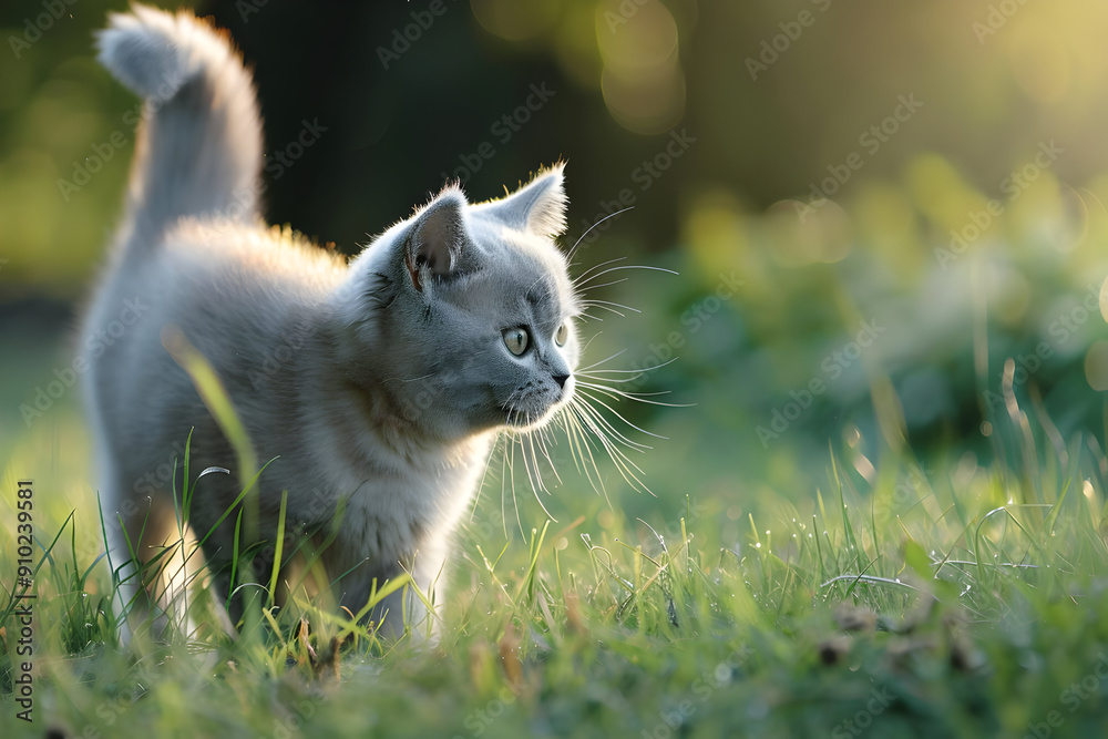 Fototapeta premium A playful kitten exploring a vibrant green field, basking in the warm glow of the evening light.
