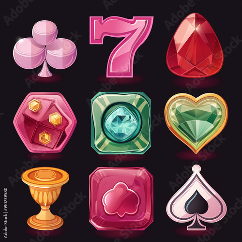 Asset of attractive game pink buttons with casino icons isolation, game icons, slot game, video game icons, Illustration