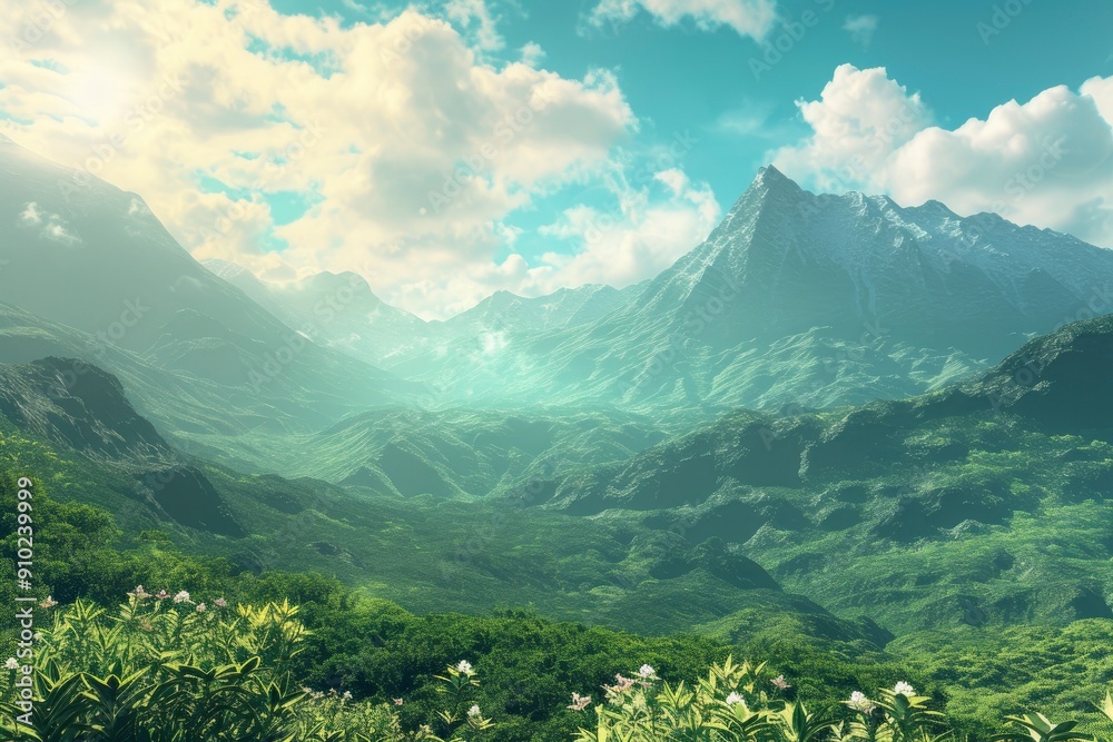 Fototapeta premium In a lush green, a magnificent mountain range stands in the distance, guarding the land like a giant, skylight exposure, 2d illustration, FHD, HDR with generative ai
