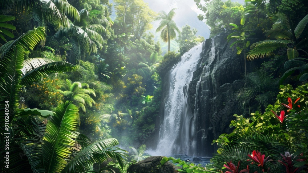 Fototapeta premium waterfall falling over a LAKE SURROUNDED BY FOREST