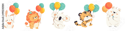Vector set illustration for birthday. Cute animals panda, polar bear, lion, cat, tiger and panda with balloons and confetti on white background . Vector illustration