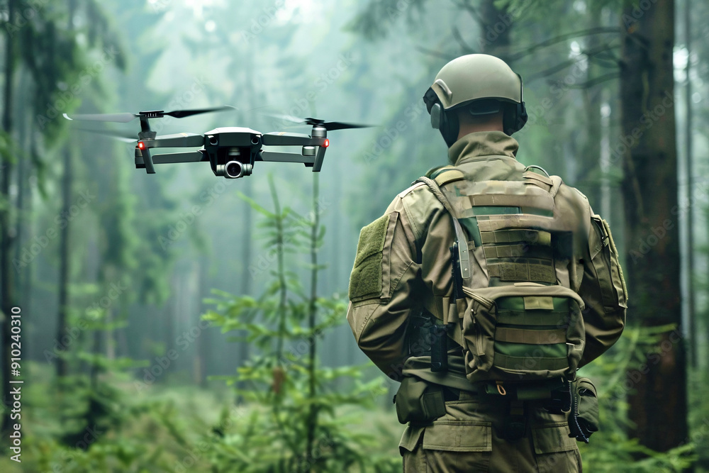 Soldier using drone with camera for military surveillance in forest Soldier using drone with camera for military surveillance in forest
