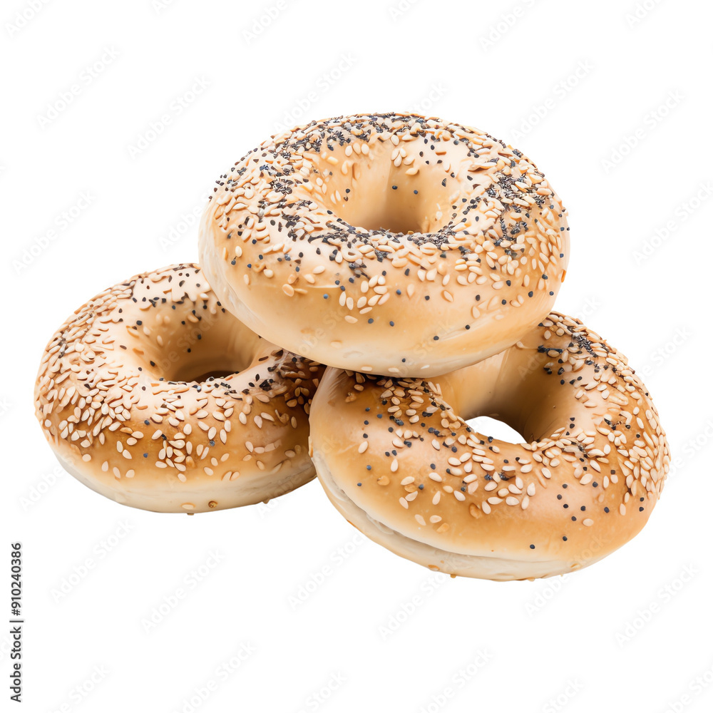 Three freshly baked sesame and poppy seed bagels stacked together, showcasing a delicious breakfast treat on a white background.