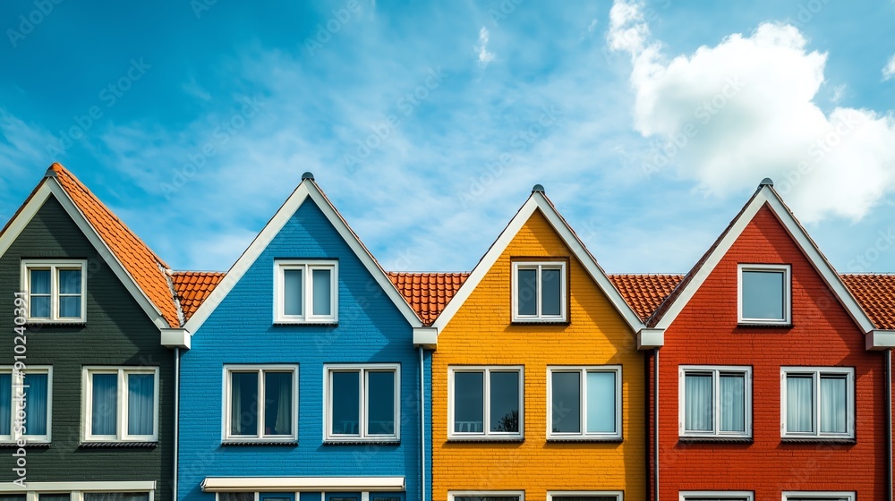 A row of colorful houses with blue, yellow, and red roofs. The houses are all different colors and sizes, but they all have the same roof style. The sky is clear and blue A row of colorful houses with blue, yellow, and red roofs. The houses are all different colors and sizes, but they all have the same roof style. The sky is clear and blue