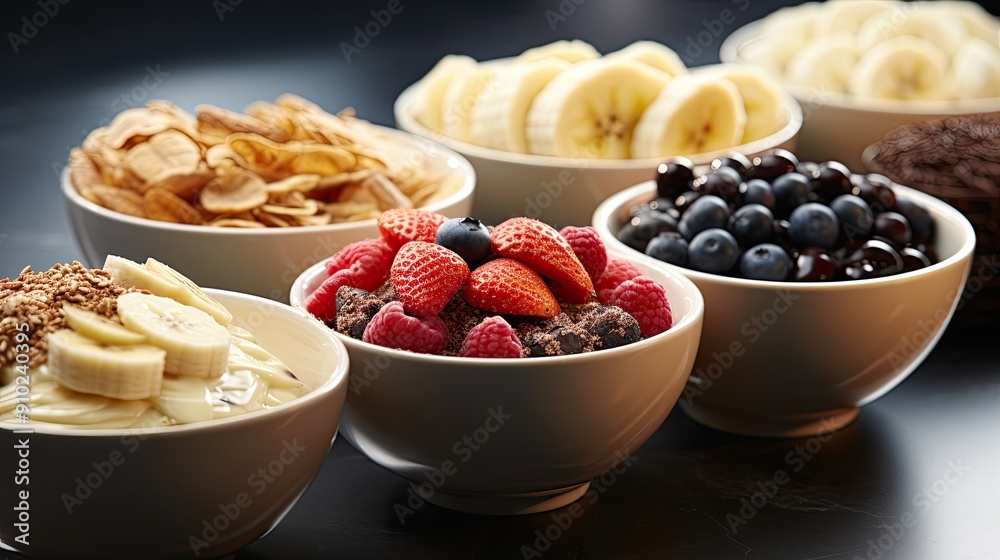Acai bowl with banana, granola and blueberries on dark blue stone background. Healthy organic breakfast in a bowl. Acai bowl with banana, granola and blueberries on dark blue stone background. Healthy organic breakfast in a bowl.
