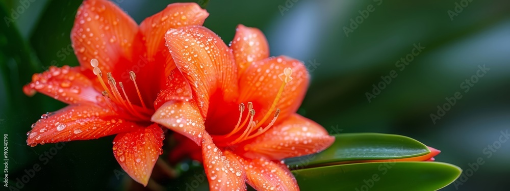 A tight shot of a vibrant orange blossom dotted with water beads on its petals against a lush green foliage backdrop A tight shot of a vibrant orange blossom dotted with water beads on its petals against a lush green foliage backdrop