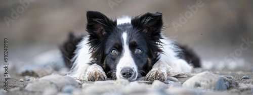  A black-and-white dog sits atop rocks, gazing at the camera with one blue eye