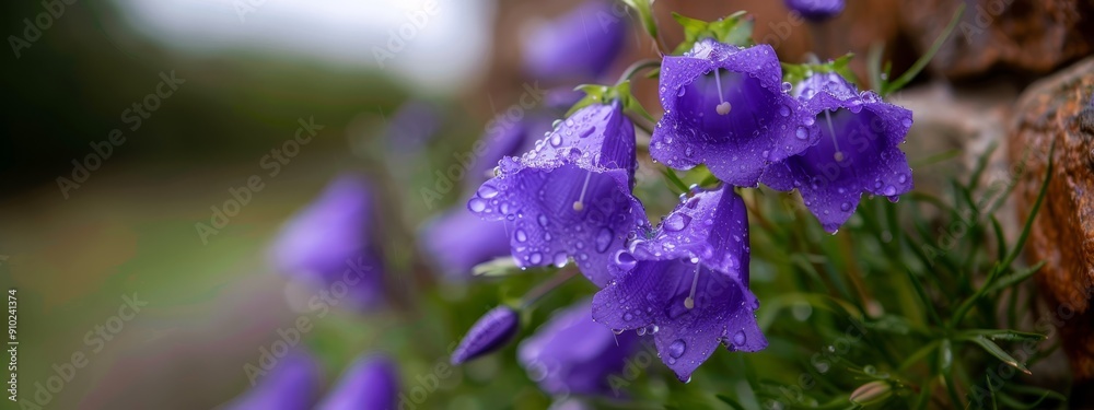Purple flowers with dewdrops dotting their petals sit against a brick wall, near a wooden fence Purple flowers with dewdrops dotting their petals sit against a brick wall, near a wooden fence