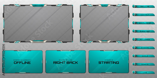 Stream Overlay Webcam Screen Frame and Stream Alert GUI Panels in Metallic Black, Silver and Teal for Gaming and Live Video Streaming Platforms