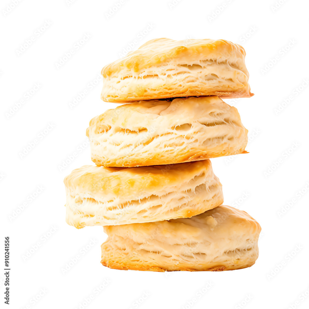 Stack of freshly baked biscuits with golden brown tops isolated on white background, showcasing their flaky and delicious layers.