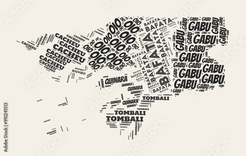 Guinea-Bissau Word Cloud. Country with regions division. Guinea-Bissau typographic text clouds vector image design. Vintage gazette style country shape image. Stylish vector illustration.