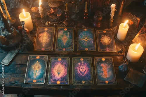 Table de cartomancienne illuminé avec des bougies photo