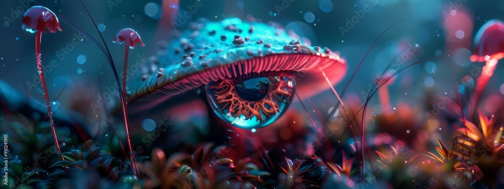  A tight shot of a mushroom amidst a sea of grass, adorned with droplets of water atop