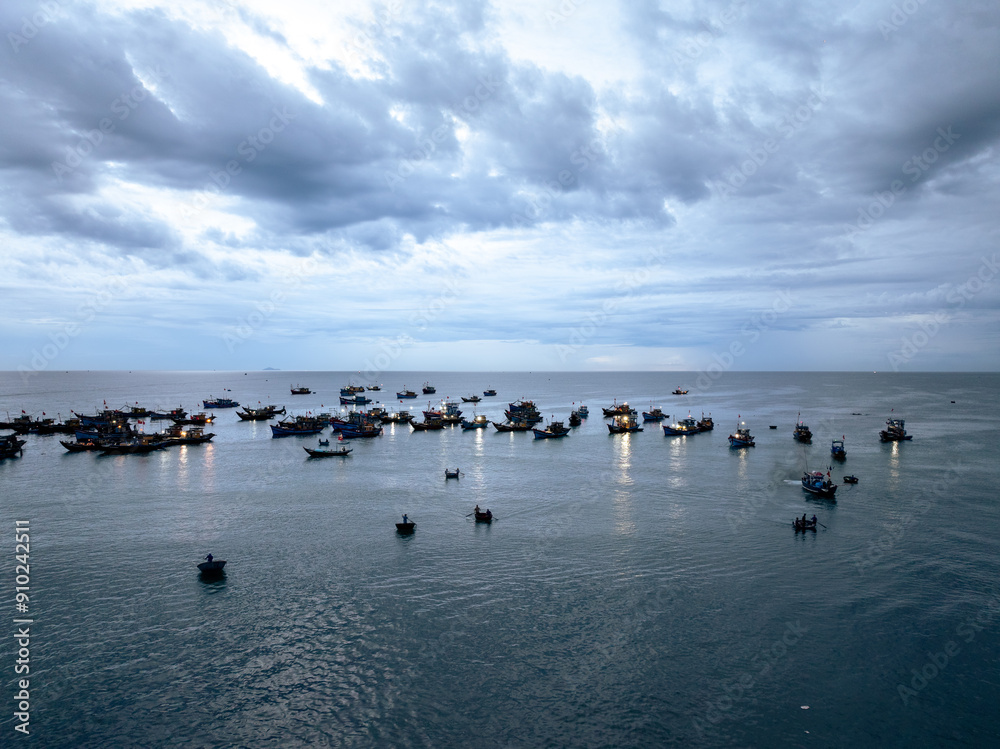 Aerial view of Tam Tien beach and fish market, Tam Ky, Quang Nam, Vietnam in the morning. Near Hoi An ancient town Aerial view of Tam Tien beach and fish market, Tam Ky, Quang Nam, Vietnam in the morning. Near Hoi An ancient town