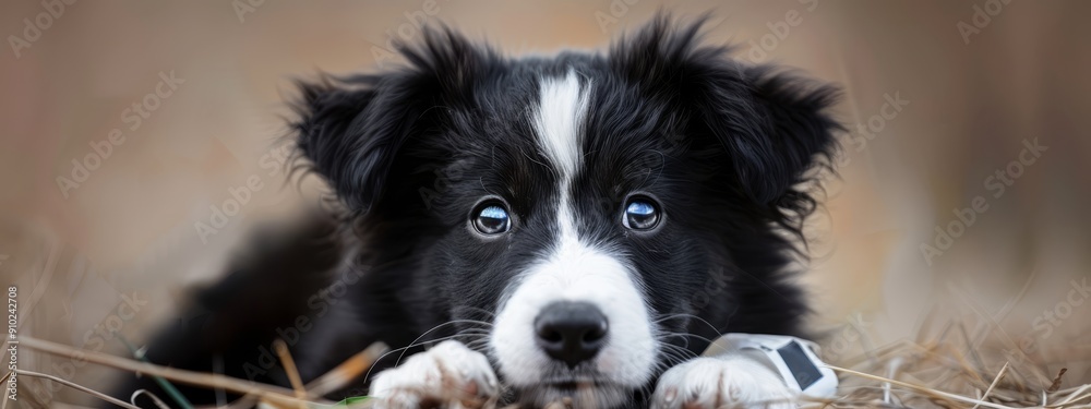 A black-and-white dog lies atop a haystack, holding a cell phone in its jaws A black-and-white dog lies atop a haystack, holding a cell phone in its jaws