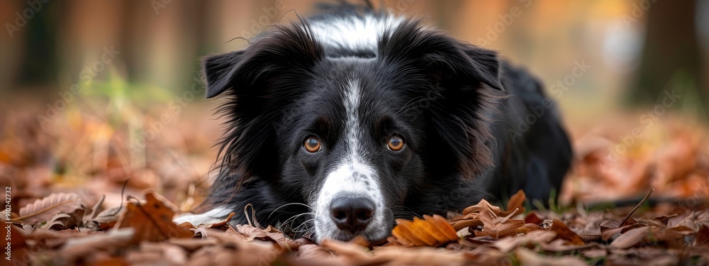 A black-and-white dog lies atop a mound of leaves in a grassy field dotted with trees A black-and-white dog lies atop a mound of leaves in a grassy field dotted with trees