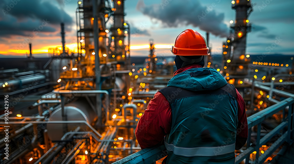 Industrial Worker at Refinery Sunset Photo Industrial Worker at Refinery Sunset Photo