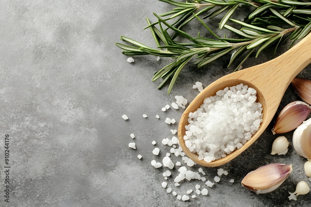 Sea salt in a wooden spoon, fresh rosemary and garlic on a gray marble background. View from above. Sea salt in a wooden spoon, fresh rosemary and garlic on a gray marble background. View from above.