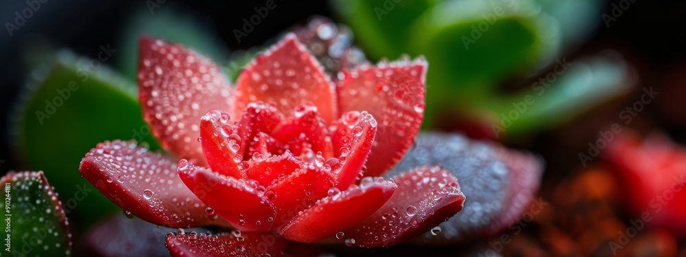 A red flower, its petals dotted with water droplets, against a backdrop of green leaves A red flower, its petals dotted with water droplets, against a backdrop of green leaves