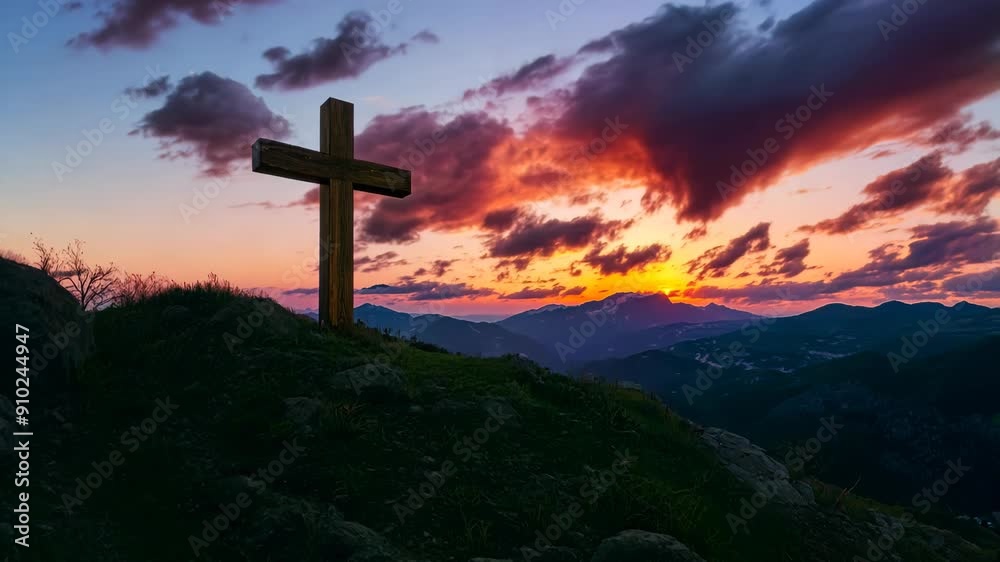 Dramatic Sunset Over Cross on Mountain Hill with Vibrant Sky and Lush Grass Dramatic Sunset Over Cross on Mountain Hill with Vibrant Sky and Lush Grass