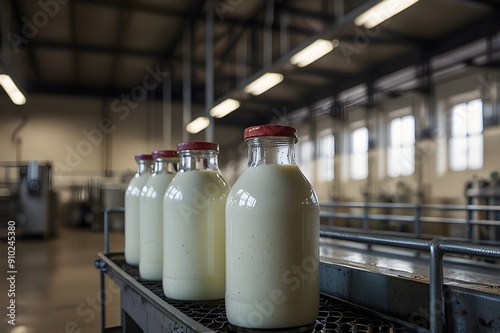dairy factory inside view with long milk bottles