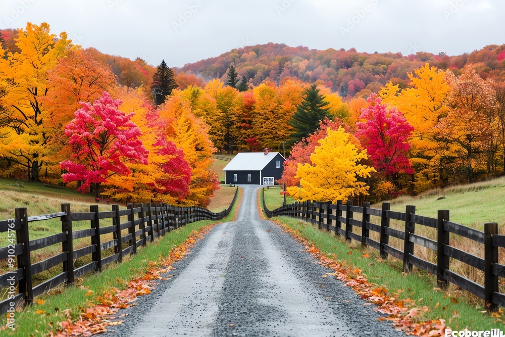 Obraz premium Autumn foliage in a rustic countryside, vibrant colors, peaceful scenery, natures beauty