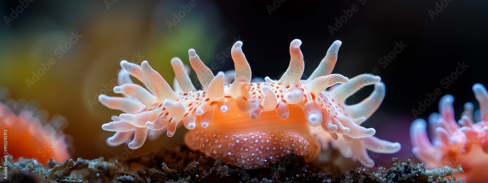 A tight shot of a sea anemone atop a coral, surrounded by other corals below A tight shot of a sea anemone atop a coral, surrounded by other corals below